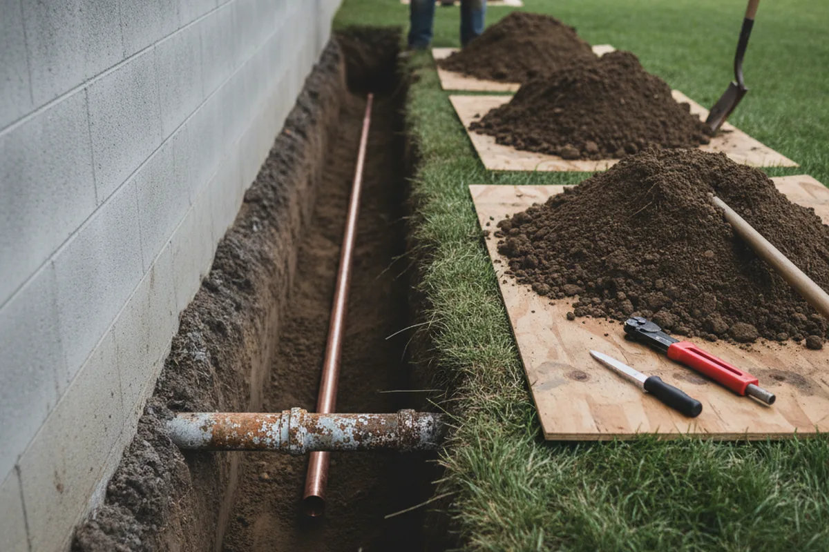 Excavated water line trench during Sewer Line Repair in Mc Adenville